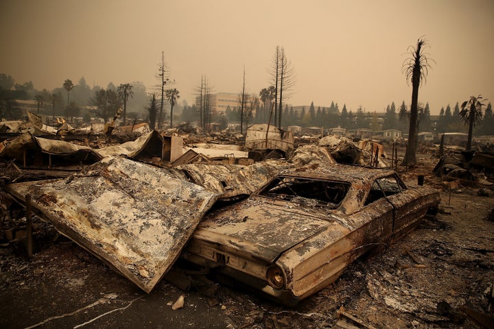 Damaged homes and cars in Santa Rosa, California. 