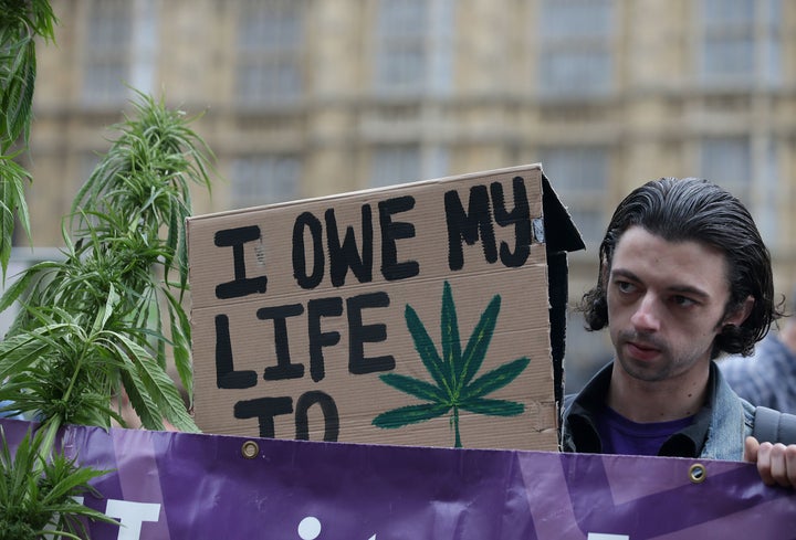 <em>A supporter holding a placard promoting the use of cannabis as a medicine.</em>