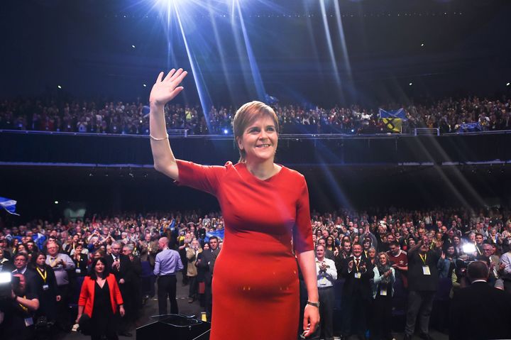 Nicola Sturgeon receives a standing ovation after speaking on the final day of the SNP annual conference in Glasgow.