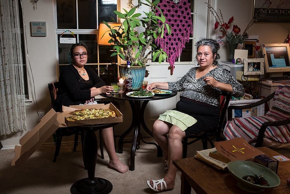 Natalia and Maryann eat dinner in Texas.