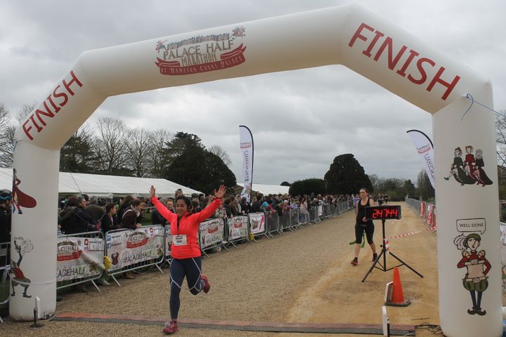 Me finishing the Hampton Court Palace Half Marathon in March 2017.