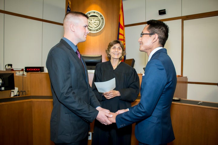 Davide Beaty-Nez (left) and Larrison Beaty-Nez (right) married at Tucson City Hall.