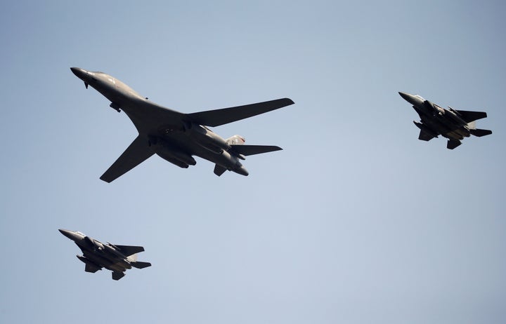 A U.S. Air Force B-1B bomber flies over Osan Air Base in Pyeongtaek, South Korea.