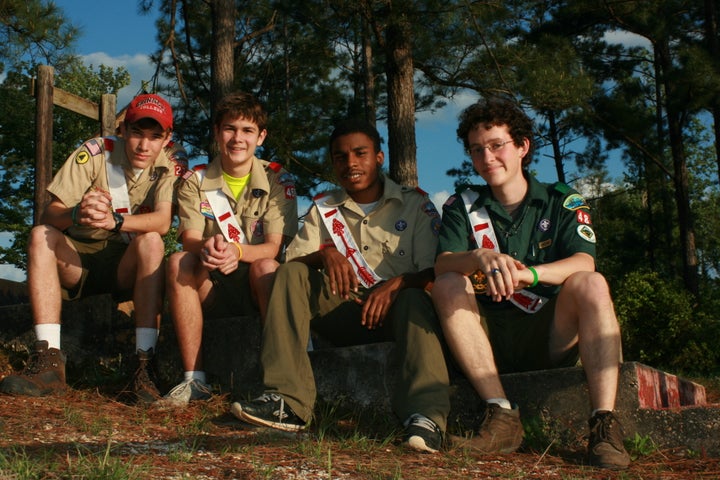 <p>Dwayne (second from the right) with friends at Salmen Scout Reservation.</p>