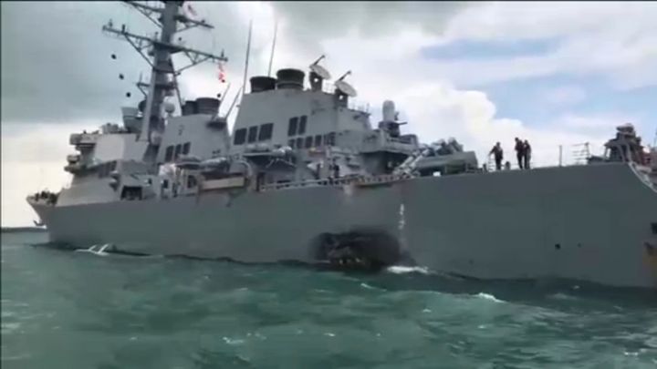 The USS John S. McCain, as seen after a collision in August in Singapore waters.