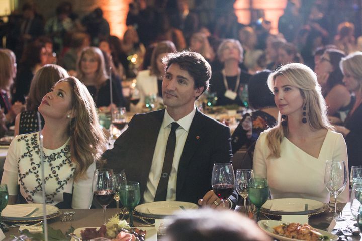 Sophie Trudeau, Canada's first lady, left, Justin Trudeau, Canada's prime minister, center, and Ivanka Trump listen during the Fortune's Most Powerful Women conference in Washington, D.C., U.S., on Tuesday, Oct. 10, 2017.
