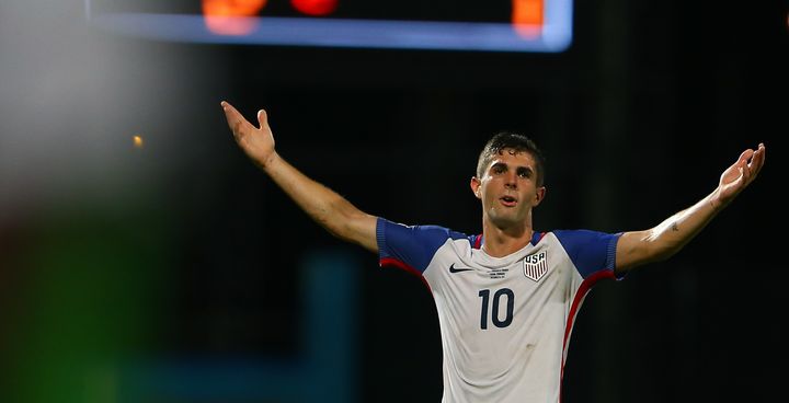 Christian Pulisic of the United States men's national team reacts to the referee's call during the FIFA World Cup Qualifier match between Trinidad and Tobago at the Ato Boldon Stadium on Oct. 10.