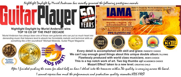 Logos courtesy of Guitar Player Mag, IAMA,Global Music Awards, Parent’s Choice, Kids First, Tillywig Brainchild, Academics Choice, Mom’s Choice NAPPA Gold, and Creative Child 
