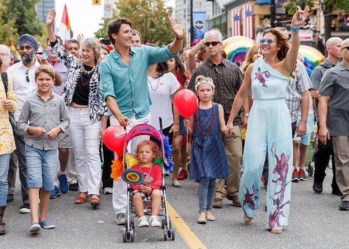 Canadian Prime Minister Justin Trudeau at the 2016 Vancouver Pride Parade with his wife, philanthropist Sophie Grégoire Trudeau, and their three children: Xavier, Hadrien and Ella-Grace.