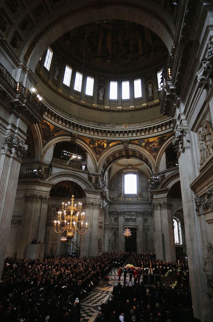 The Whispering Gallery - which runs around the bottom of dome's interior, 30 metres above the floor - as seen during the funeral of Baroness Thatcher in 2013