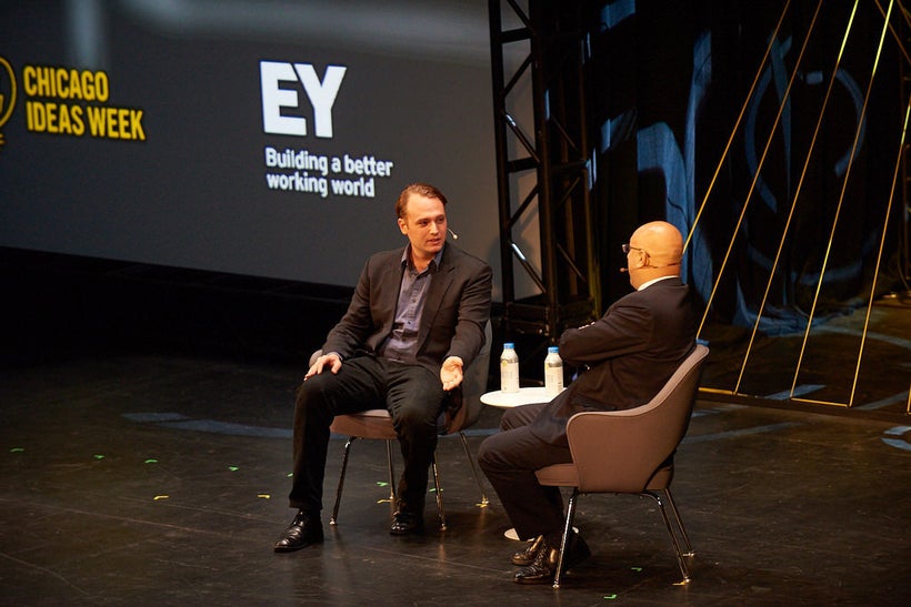 Social Entrepreneur &amp; Founder of DemocracyWorks Seth Flaxman on the Chicago Ideas Week stage in 2016.