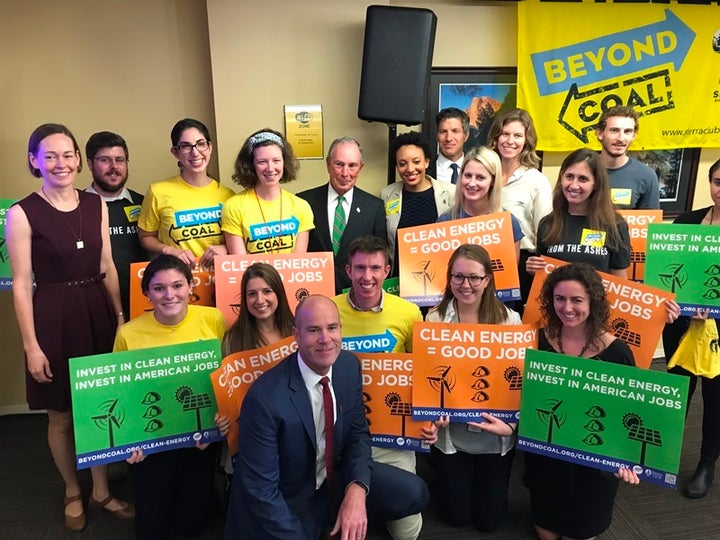 Mary Anne Hitt, Michael Bloomberg, and Michael Brune join Sierra Club staff and volunteers at the October 11 announcement.