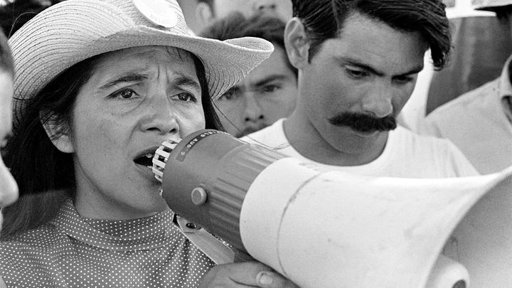 <p>United Farm Workers leader Dolores Huerta organizing marchers on the 2nd day of March Coachella in Coachella, CA 1969. </p>