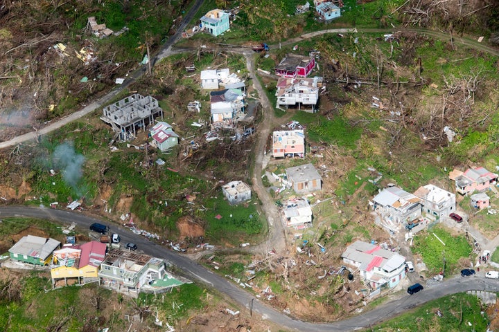 Aerial view of the devastation in Dominica following successive category 5 hurricanes in September 2017. 