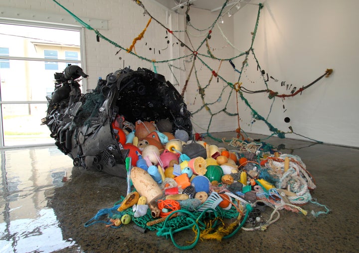 Pam Longobardi’s Bounty Pilfered, 2014. Ocean plastic from Alaska, Greece, Hawaii, Costa Rica and the Gulf of Mexico; steel armature, drift nets and floats from the N. Pacific Gyre. 