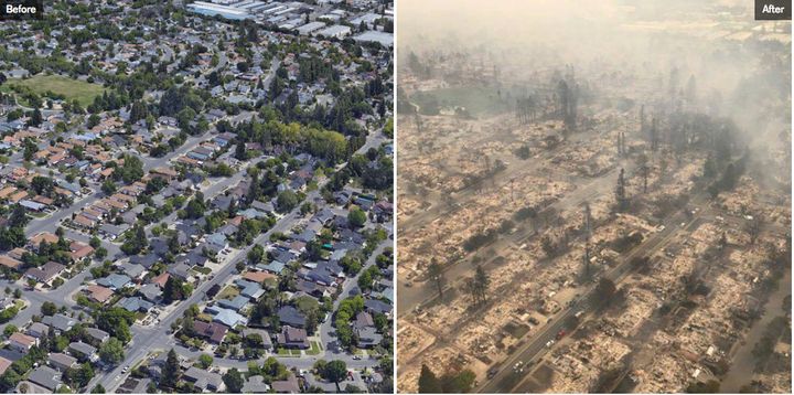 An area the size of a football field in the neighborhood of Coffey Park in Santa Rosa, Calif., was vaporized in seconds during the firestorm on October 10, 2017.
