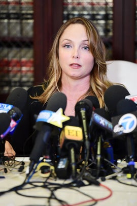 LOS ANGELES, CA - OCTOBER 10:  Attorney Gloria Allred's client Louisette Geiss speak during a press conference about her allegations of sexual harassment by Harvey Weinstein at Allredï¿½s office October 10, 2017 in Los Angeles, California.  Weinstein has been accused of sexual harassment by multiple women.  (Photo by Emma McIntyre/Getty Images)