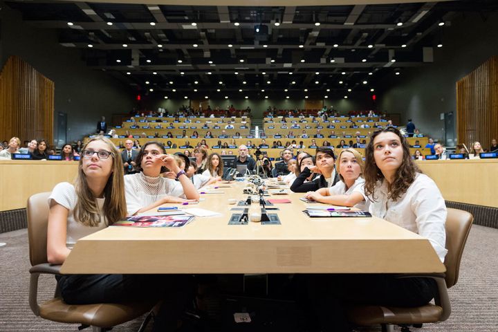 UNFPA supports the development of more inclusive health, education, and empowerment programmes that are age- and gender-responsive, often girl-led, and enhance the voices of girls at the community level. The girl students pictured here are attending a conference on ‘Financing the Future: Education 2030’ at the UN in New York. 