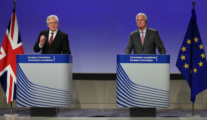 David Davis (L) and Chief negotiator for the European Union, Michel Barnier (R) hold a joint press conference at the end of the fifth round of negotiation on 'Brexit' talks in Brussels, Belgium.