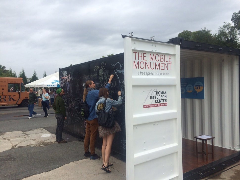 The Mobile Monument Project is a roving installation that began in 2015. The shipping container's outside is a chalkboard on which participants can express themselves freely. The inside is an evolving gallery of First Amendment history, which is updated to incorporate specific cases relevant to each of the mobile monument's destinations and audiences.