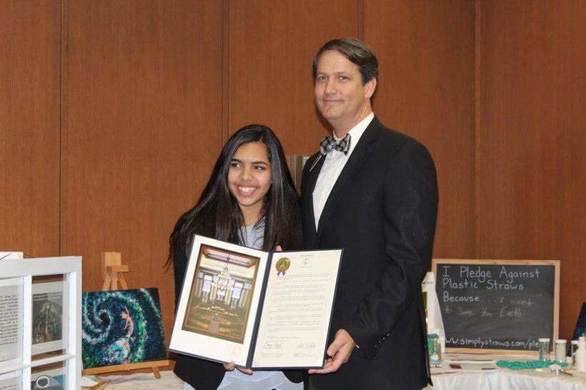 Hannah Testa and GA Sen. Michael Williams celebrate the state’s first Plastic Pollution Awareness Day on Feb. 15, 2017, at th
