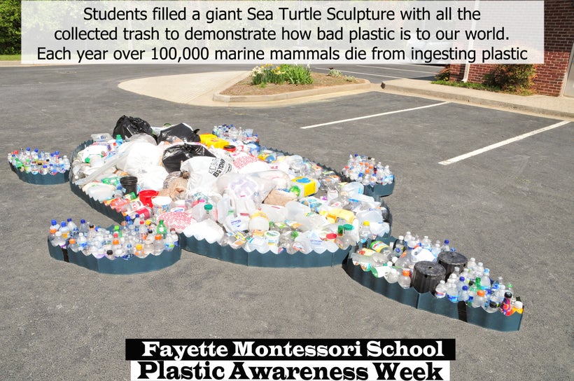 As part of One More Generation’s Plastic Awareness Week at Fayette Montessori School, students created a giant sea turtle scu