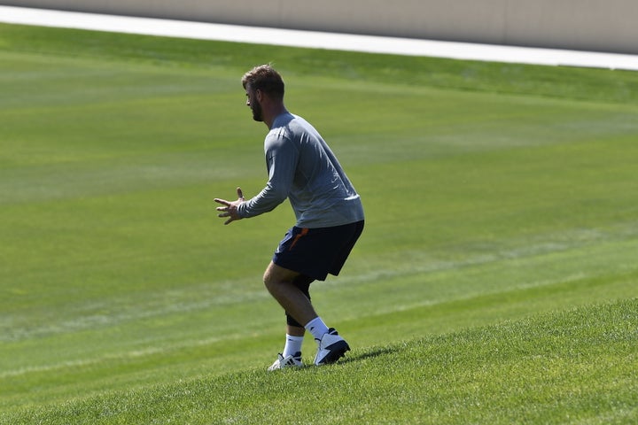 Denver Broncos tight end Jake Butt, pictured doing drills during a rehab session in July, was the subject of a TV station's graphics gaffe.