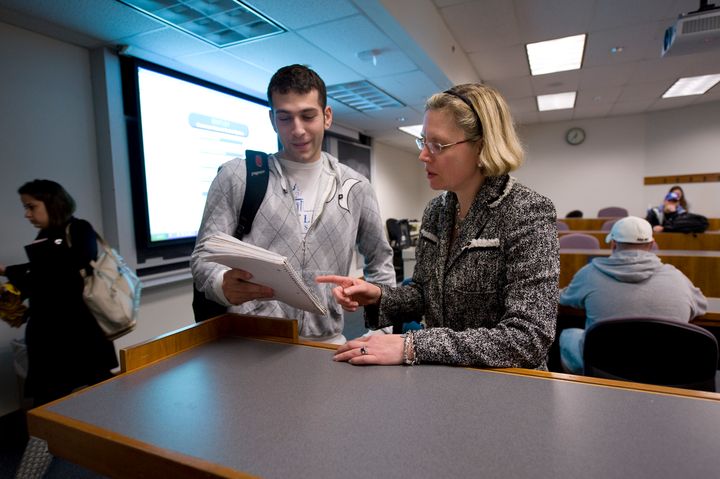 Bentley University Management Professor Linda Edelman offers advice and support to one of her students.
