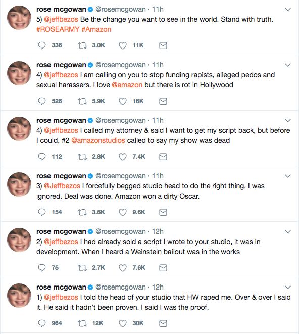 Rose McGowan tweeted that she had repeatedly told Price she had allegedly been raped by Wienstein