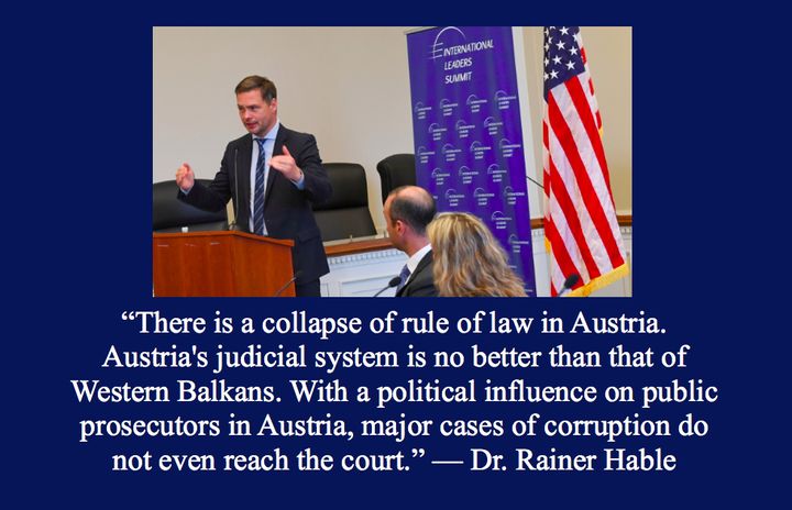 Dr. Rainer Hable, Member of Austria’s parliament and author of a parliamentary investigative report on Hypo Group Alpe Adria - Europe’s largest post-WWII banking scandal speaking at the Capitol Hill Rule of Law event organized by the International Leaders Summit in Washington D.C. in July 2017. 