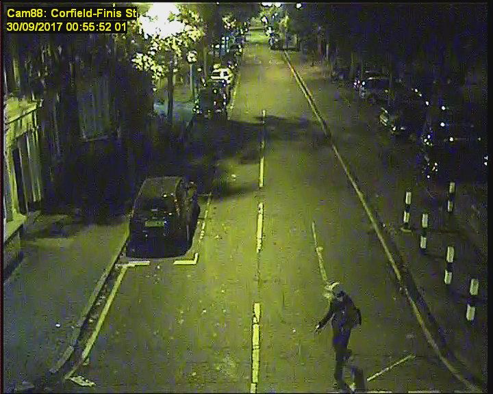 This CCTV captures a man walking down Cornfield Street