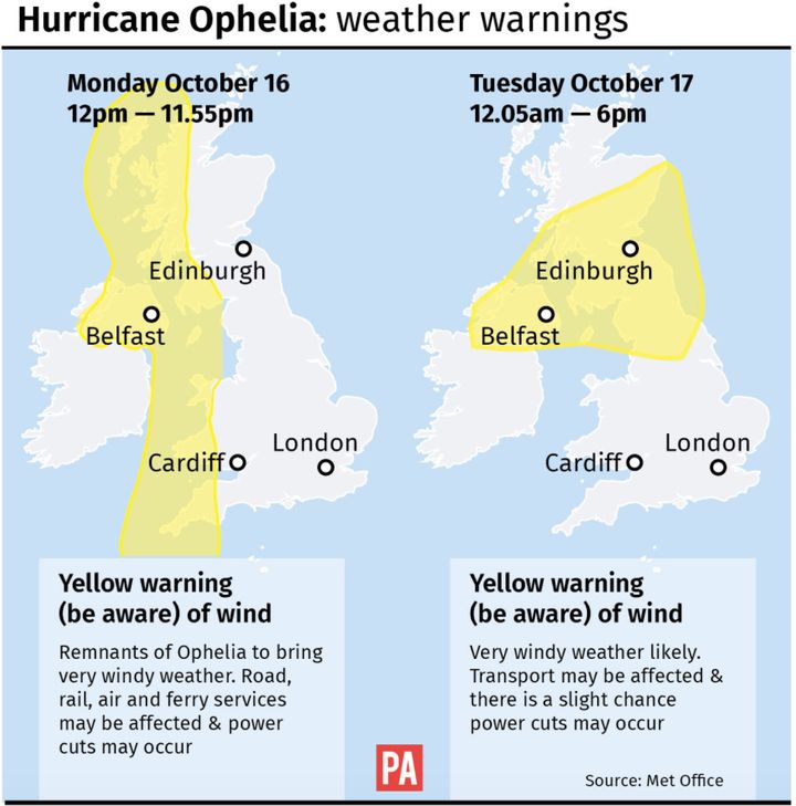 Weather warnings are in place as Hurricane Ophelia is set to bring heavy rain and 80mph winds