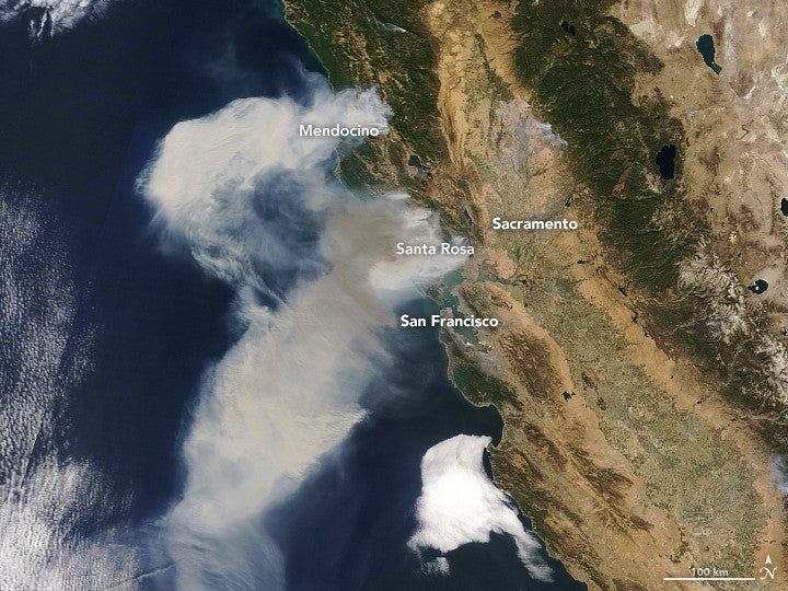 California wildfires as viewed from space, October 11, 2017