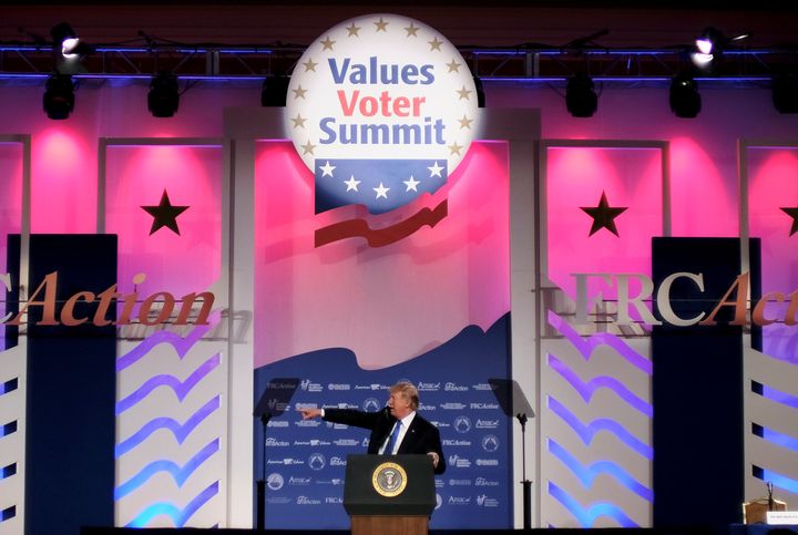 President Donald Trump addresses the Values Voter Summit of the Family Research Council on Friday.