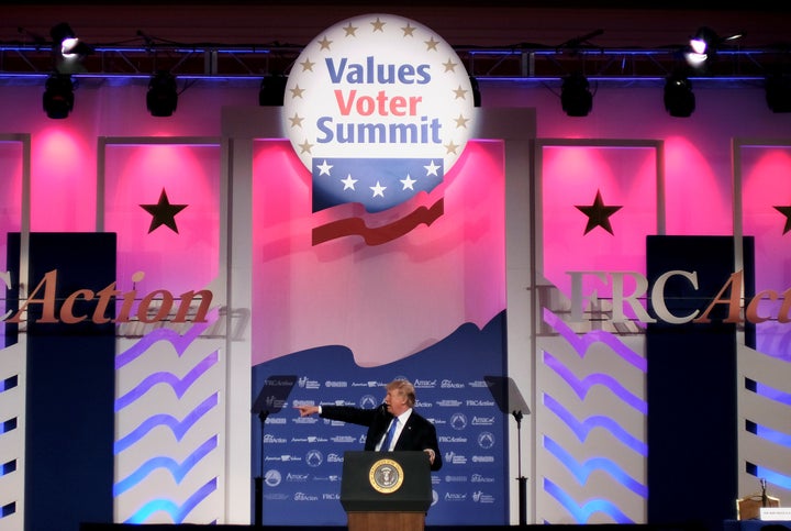 President Donald Trump addresses the Values Voter Summit of the Family Research Council on Friday.