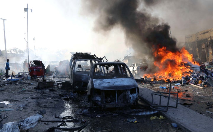 A general view shows the scene of an explosion in KM4 street in the Hodan district of Mogadishu, Somalia October 14, 2017.