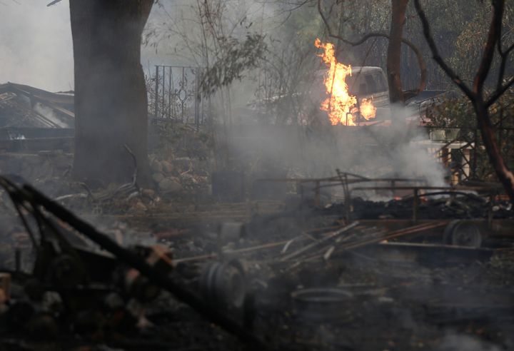 A home burns after being destroyed by a wildfire in Sonoma, California, U.S., October 14, 2017. 