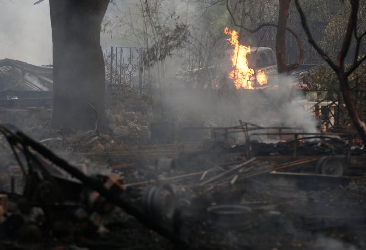 A home burns after being destroyed by a wildfire in Sonoma, California, U.S., October 14, 2017. 