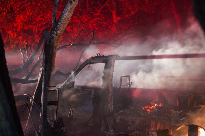  A truck and property burns in the early morning hours on October 14, 2017 in Sonoma, California.