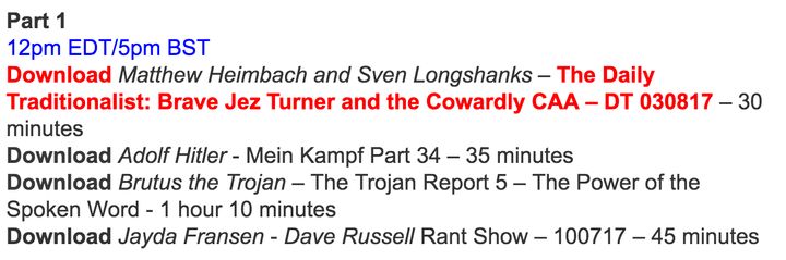 The show's afternoon schedule for Friday.