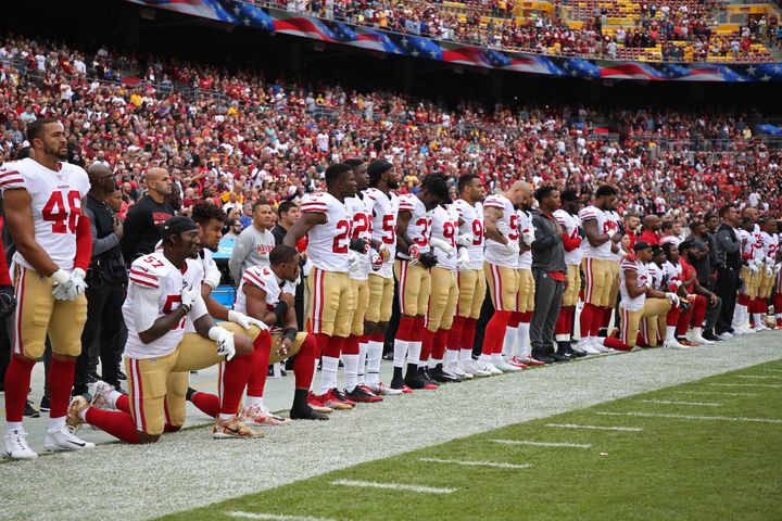 Six active members of the San Francisco 49ers and one inactive player took a knee during the national anthem as a gesture of protest against racial injustice.
