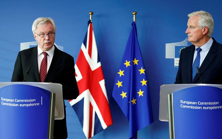 Britain's Secretary of State for Exiting the European Union David Davis and European Union's chief Brexit negotiator Michel Barnier.