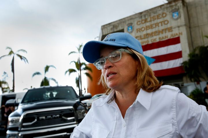 San Juan Mayor Carmen Yulín Cruz outside the Coliseo Roberto Clemente, a stadium that's been functioning as the city's headquarters for supply distribution.