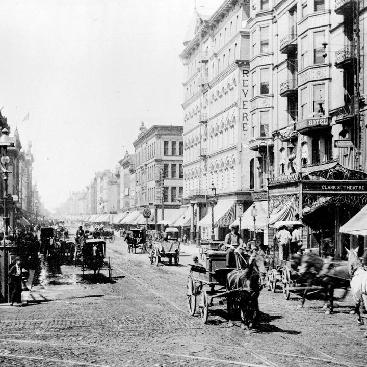 <p>Looking northward: The Revere House at N. Clark and W. Hubbard Streets ultimately became the Capitol Hotel. The building survived numerous fires, including a catastrophic one in 1948. Fires continued to plague the structure after Albert Friedman inherited it from his father in 1970.</p>
