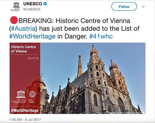 <p><em>Screen shot of UNESCO's endangered Vienna tweet</em></p>