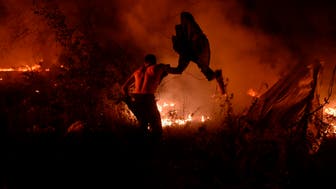 TOPSHOT - A man attempts to subdue wildfire flames in Vigo, northwestern Spain, October 15, 2017.
Hundreds of firefighters struggled on October 15, 2017 to contain 17 separate wildfires in northwestern Spanish region of Galicia that have killed two people, that became trapped by flames in their vehicle near the town of Nigran as they tried to flee, and disrupted road and rail travel, authorities said.  / AFP PHOTO / MIGUEL RIOPA        (Photo credit should read MIGUEL RIOPA/AFP/Getty Images)