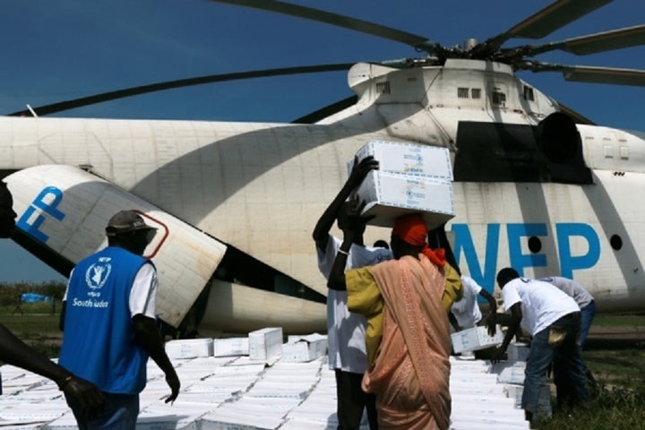 The World Food Programme unloading supplies to hunger victims in South Sudan. 