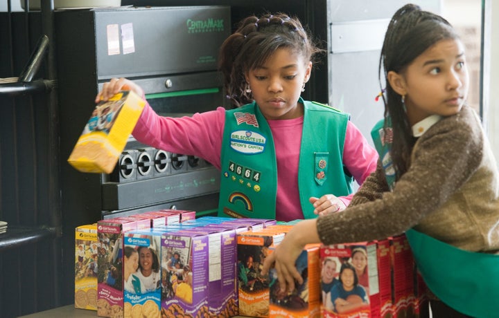 Girl scouts sell cookies at Freeman's Barber Shop in Upper Marlboro, MD. February 26, 2011.