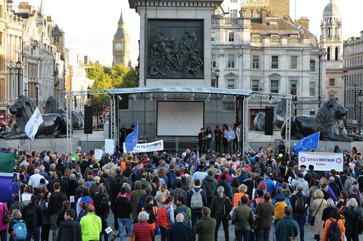 EU citizens rally in Trafalgar Square, London, where they are lobbying MPs to guarantee post-Brexit rights.