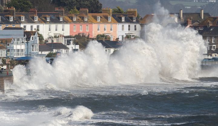 Waves whipped up by Hurricane Ophelia crash in Cornwall, England, on Oct. 16, 2017.